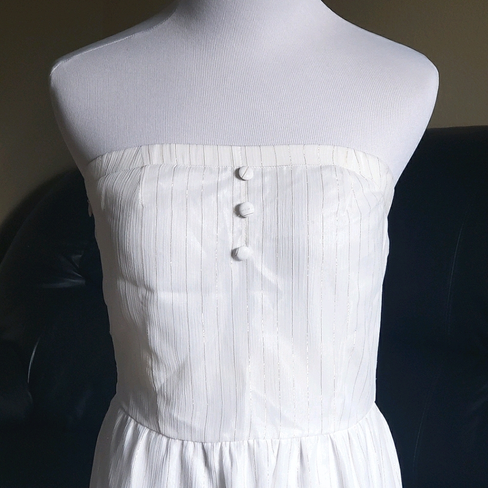 Tulle Strapless White Midi Dress Metallic Thread